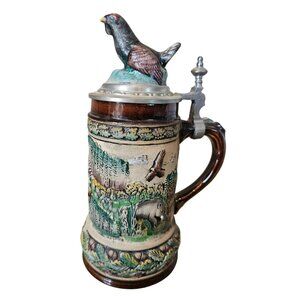 Bever Germany Beer Stein Mug Vintage Hand Painted Turkey Hunting Forest Scene